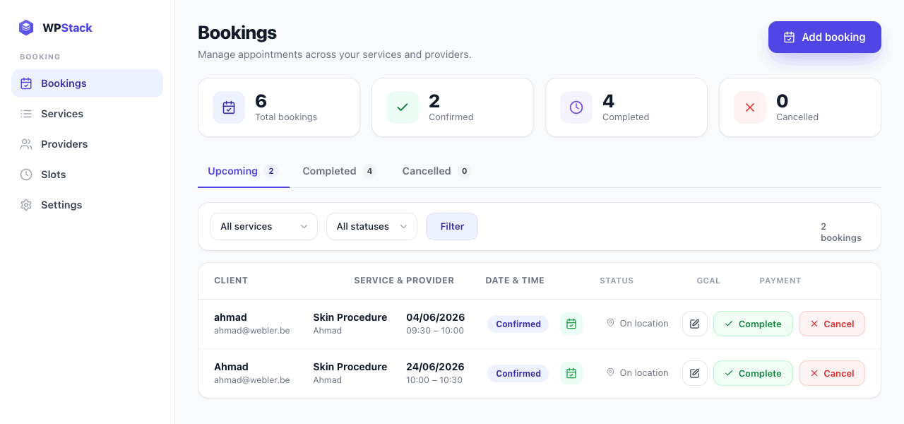 The Booking admin — manage every appointment, service and provider in one place.